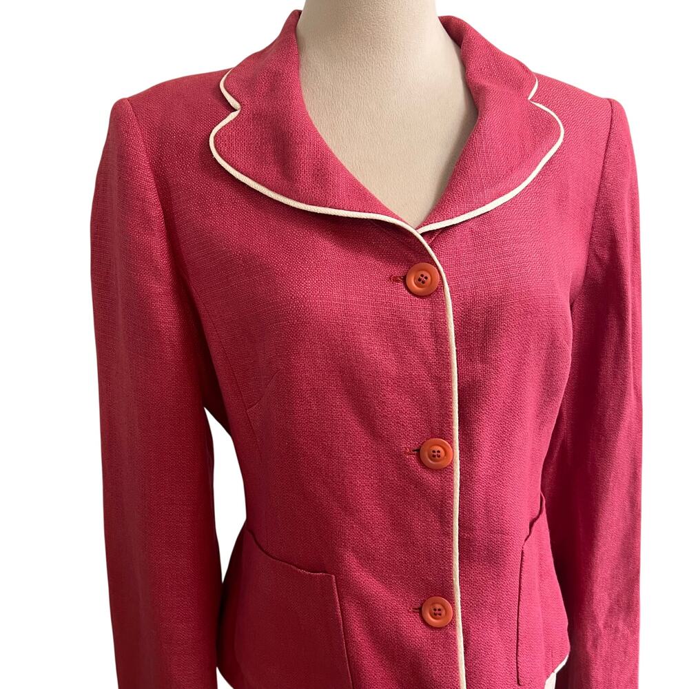 Casual Corner Pink Linen Blend Blazer Jacket White Piping Size 10 Vintage Y2K